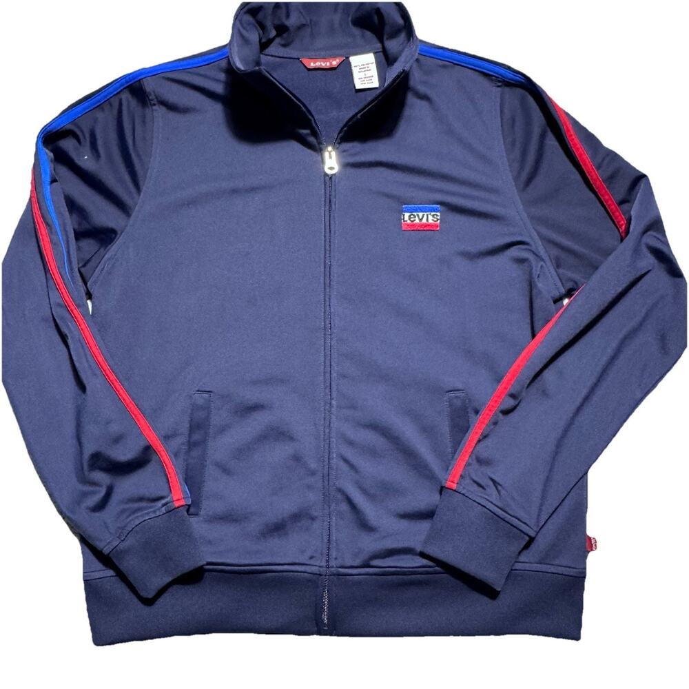 Levi's Navy Blue Full Zip Track Jacket Red Blue Striped Sleeves Men's Sz L VTG